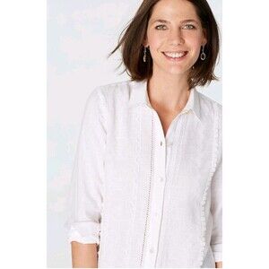 J Jill Love Linen Embroidered Linen Button Up Shirt Women's Medium Tall White